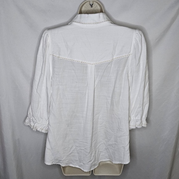 New Democracy Below Elbow Puff Sleeve Western Yoke Snap Front Off White Shirt M - Picture 7 of 15